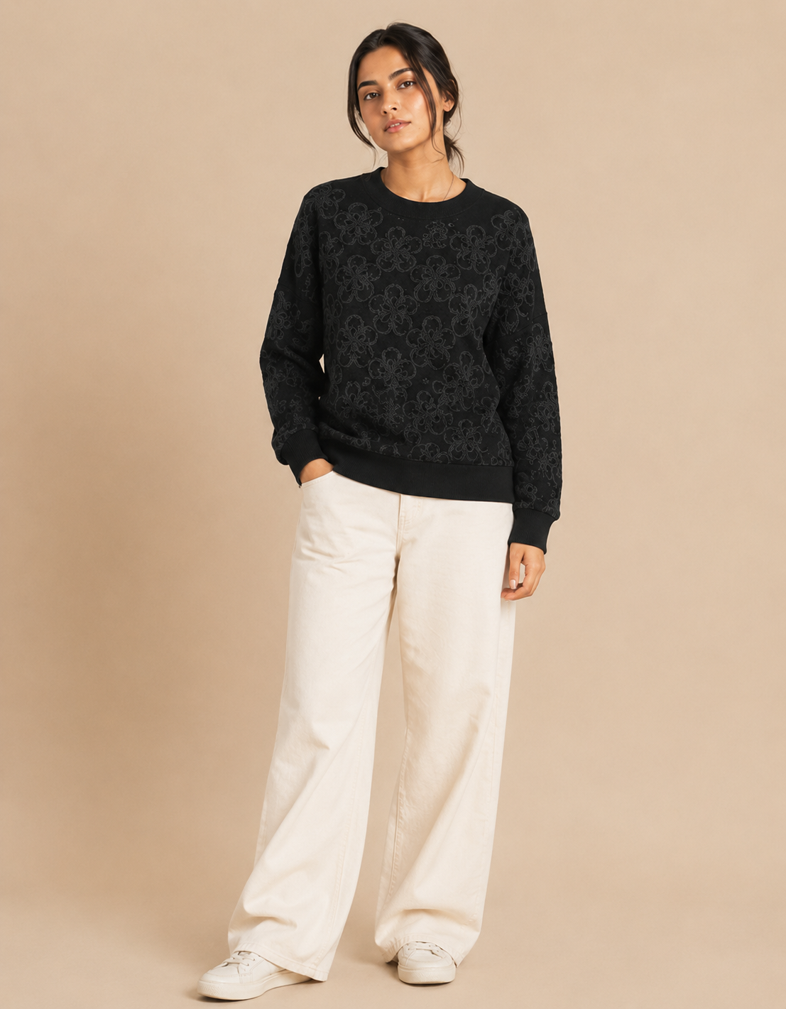 Black Textured Knitted Sweater For Women — Black