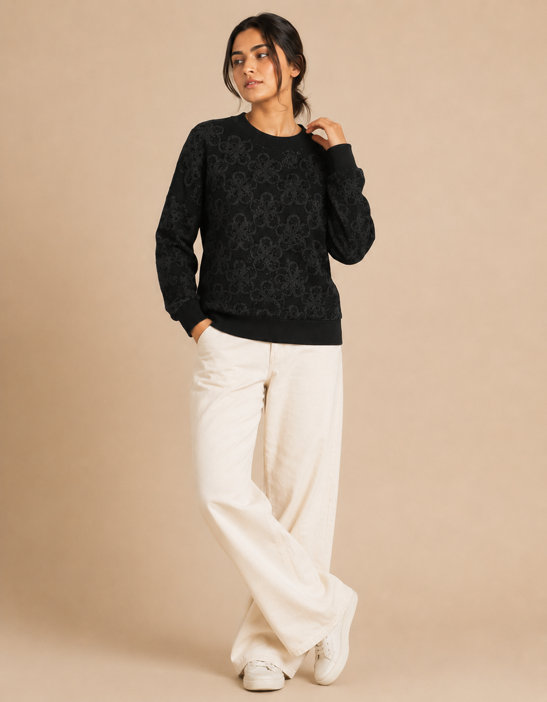 Black Textured Knitted Sweater For Women — Black