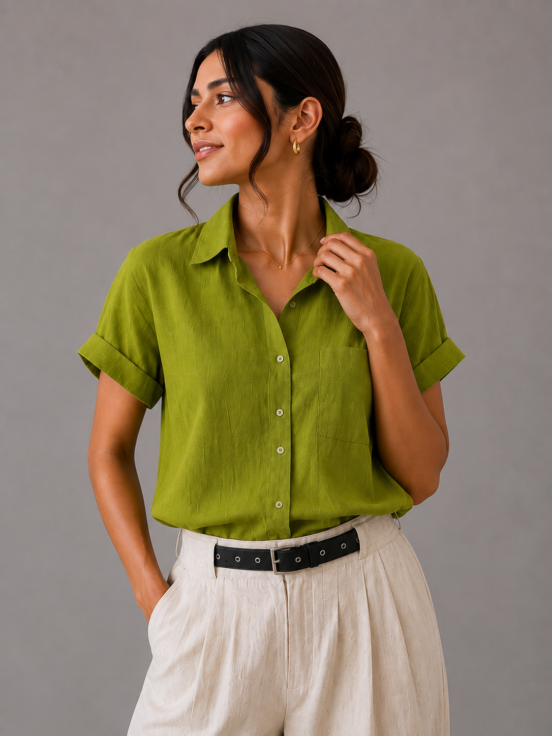 Button Up Half Sleeve Shirt — Green