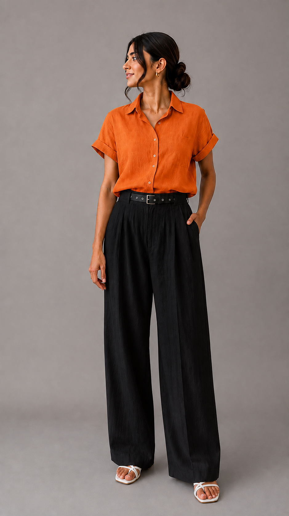 Button Up Half Sleeve Shirt — Orange