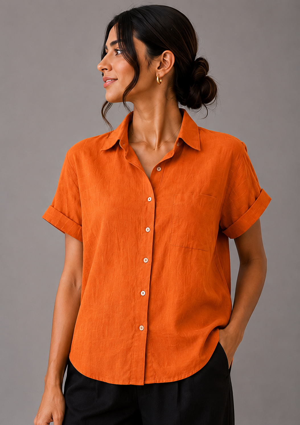 Button Up Half Sleeve Shirt — Orange