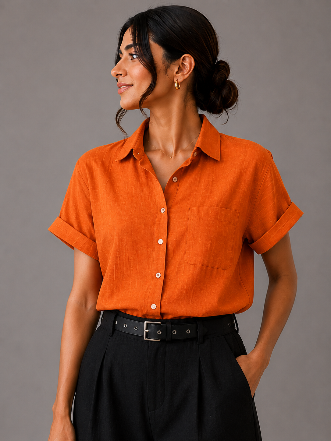 Button Up Half Sleeve Shirt — Orange