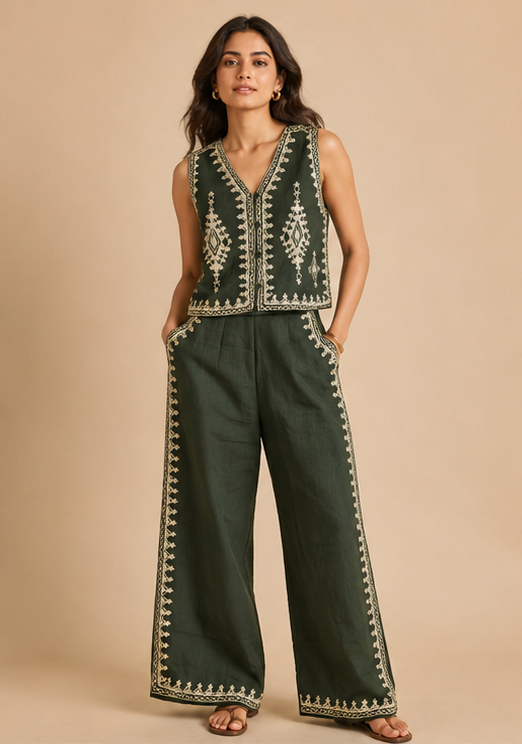 Embroidery Co-ord Set For Women — Green