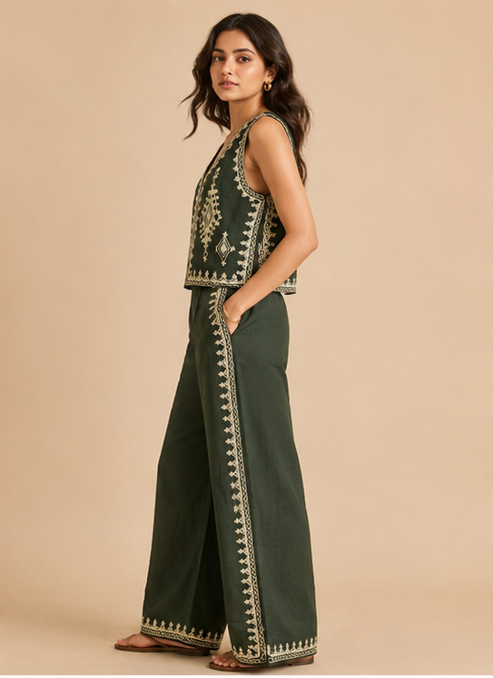 Embroidery Co-ord Set For Women — Green