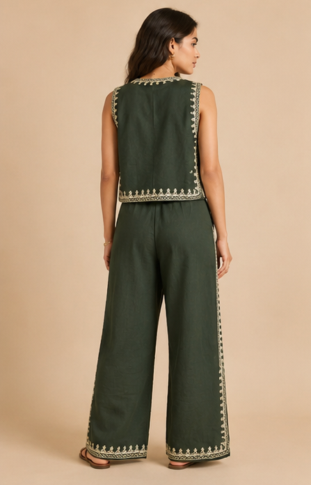 Embroidery Co-ord Set For Women — Green