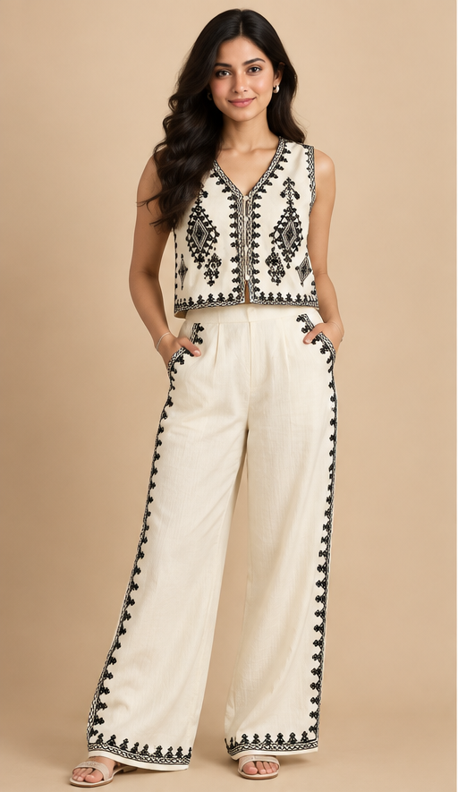 Embroidery Co-ord Set For Women — Off White