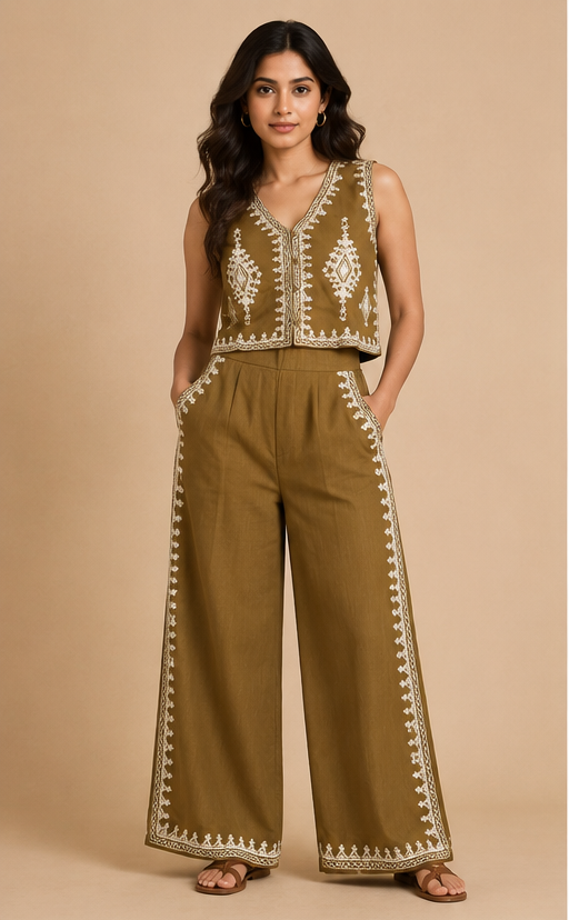 Embroidery Co-ord Set For Women — Olive Brown