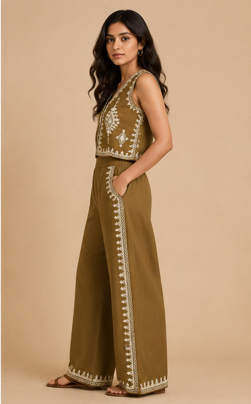 Embroidery Co-ord Set For Women — Olive Brown