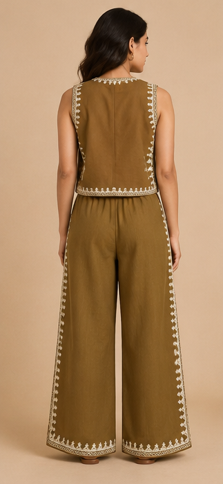 Embroidery Co-ord Set For Women — Olive Brown