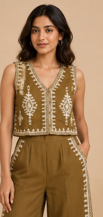 Embroidery Co-ord Set For Women — Olive Brown