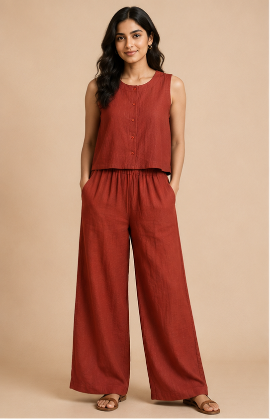 Linen Co-ord Set For Women — Red