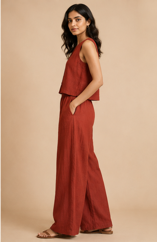 Linen Co-ord Set For Women — Red