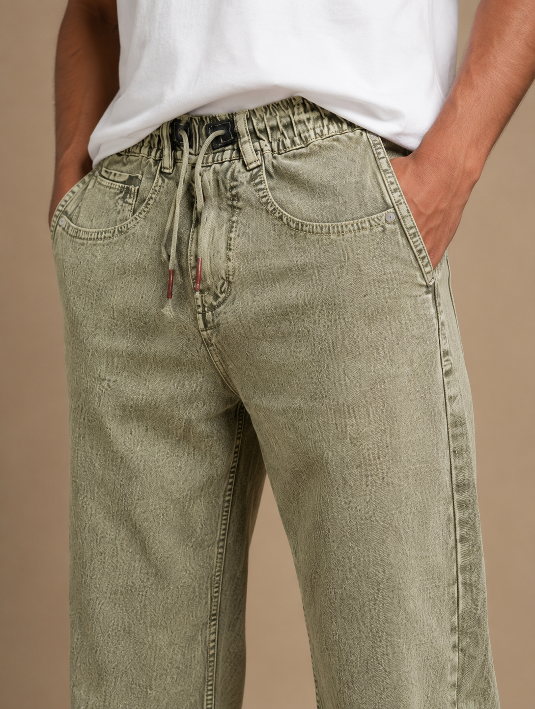 Olive Drawstring Denim — Olive Green
