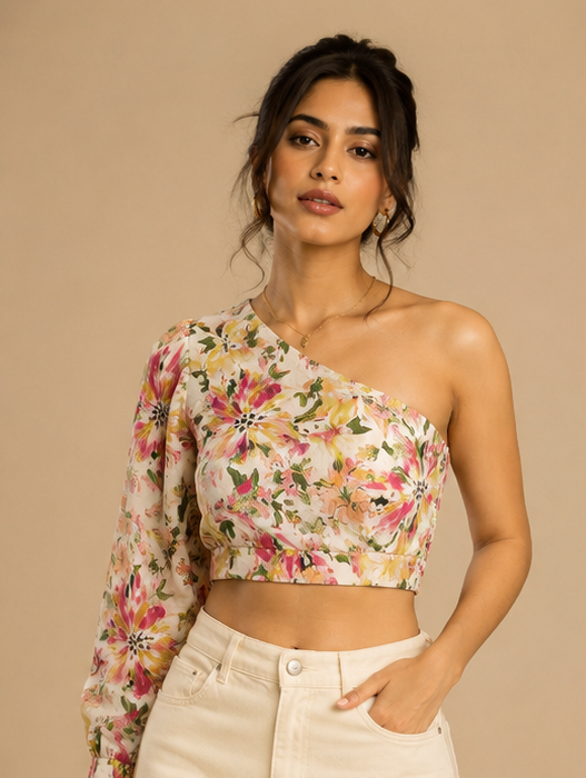 One Shoulder Crop Top For Women — Beige