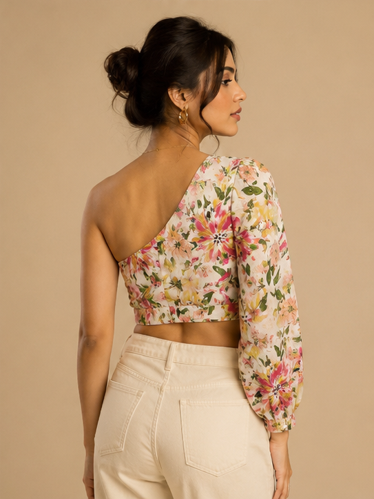 One Shoulder Crop Top For Women — Beige