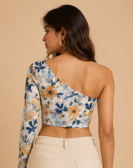 One Shoulder Crop Top For Women — Blue