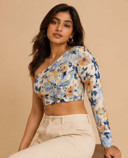 One Shoulder Crop Top For Women — Blue