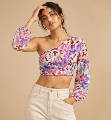One Shoulder Crop Top For Women — Pink
