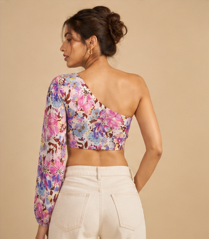 One Shoulder Crop Top For Women — Pink