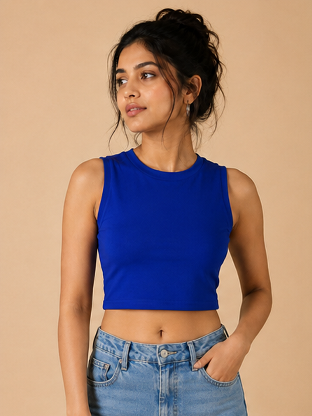 Plain Sleeveless Crop Top For Women — Blue