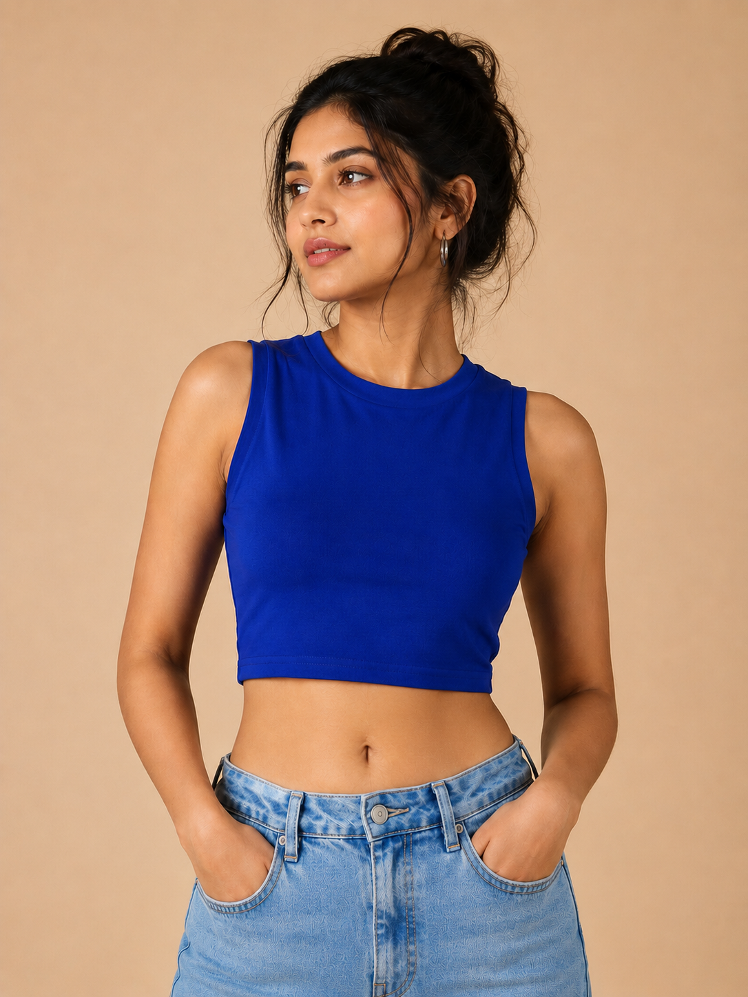 Plain Sleeveless Crop Top For Women — Blue