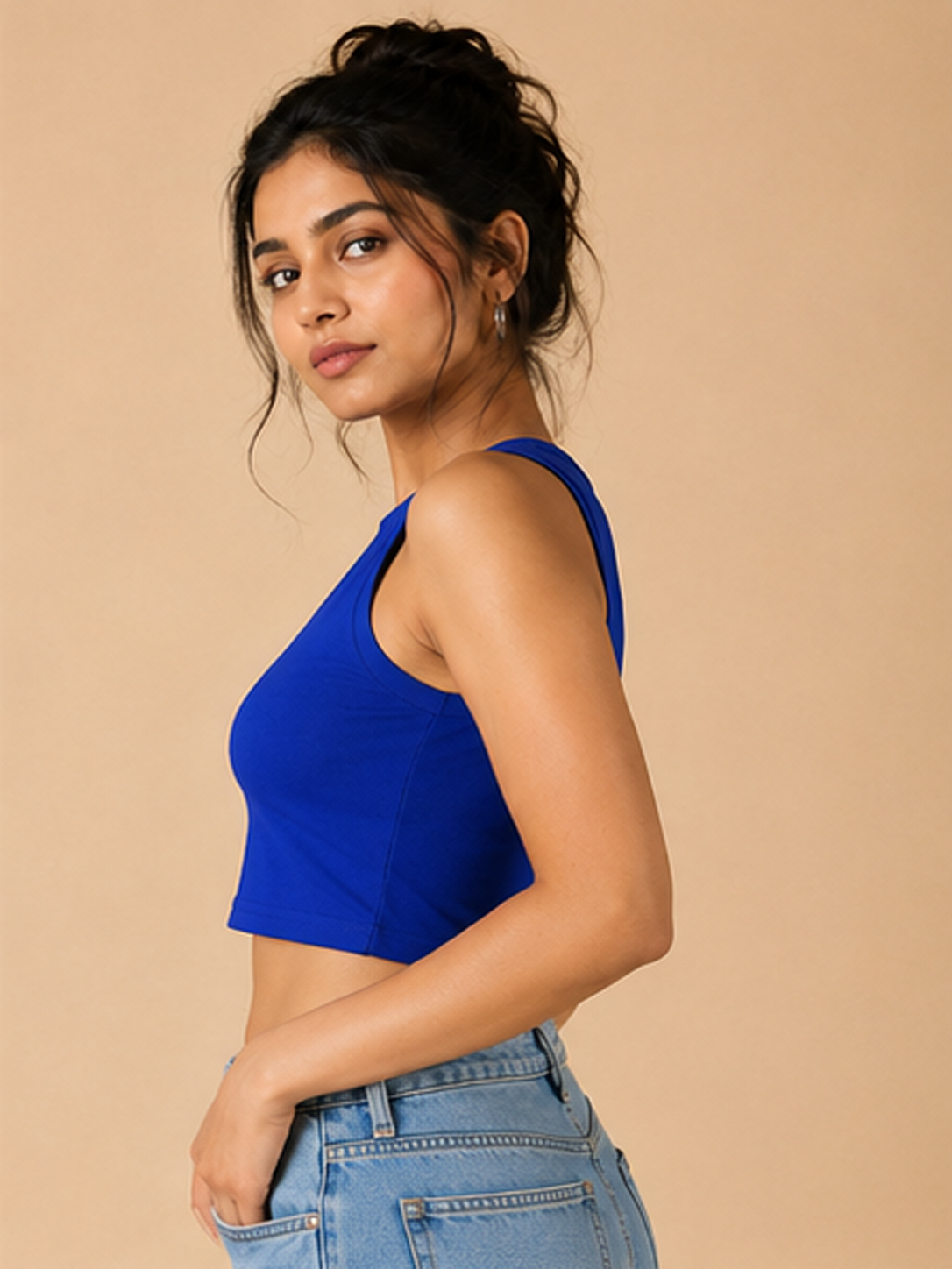 Plain Sleeveless Crop Top For Women — Blue