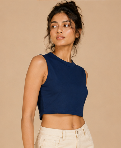 Plain Sleeveless Crop Top For Women — Deep Seablue