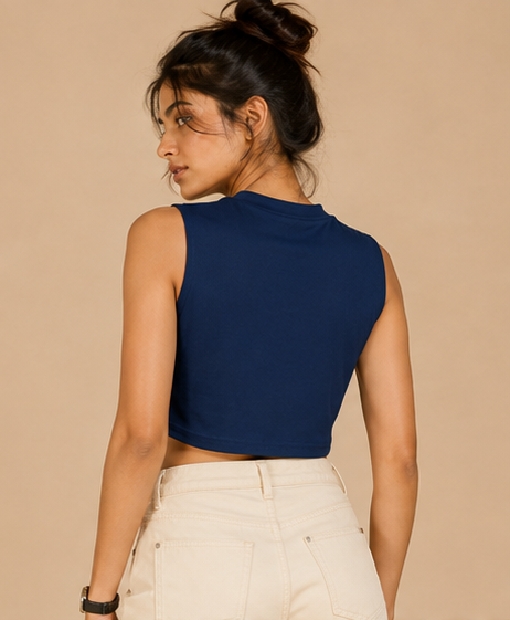 Plain Sleeveless Crop Top For Women — Deep Seablue
