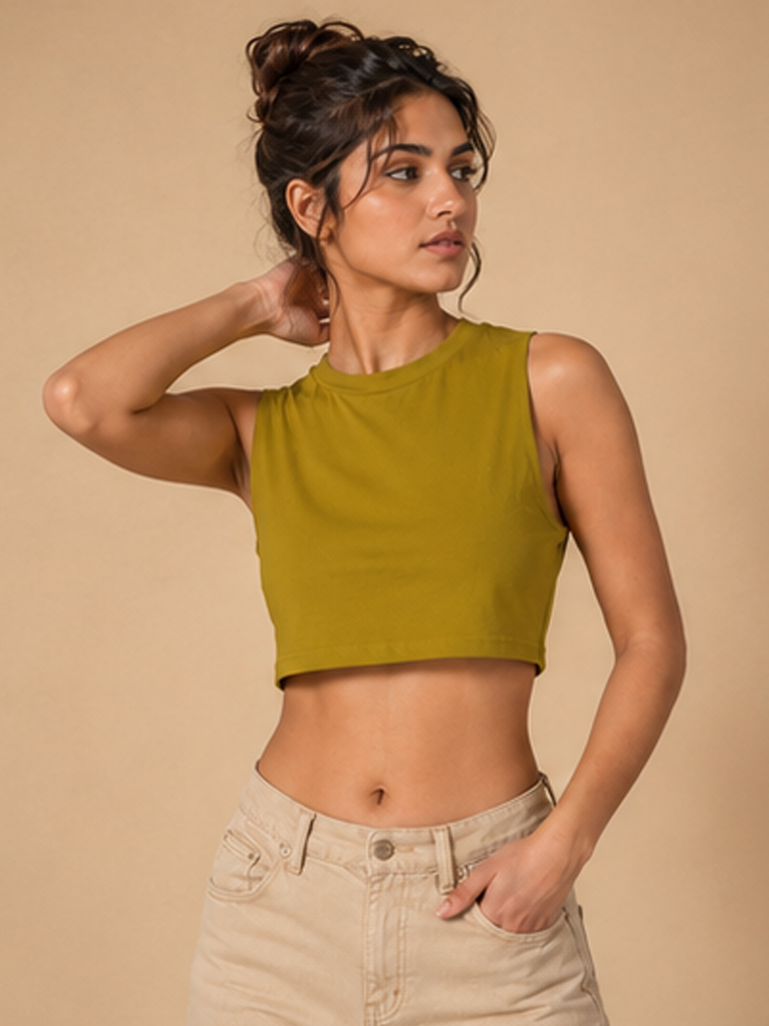 Plain Sleeveless Crop Top For Women — Mustard
