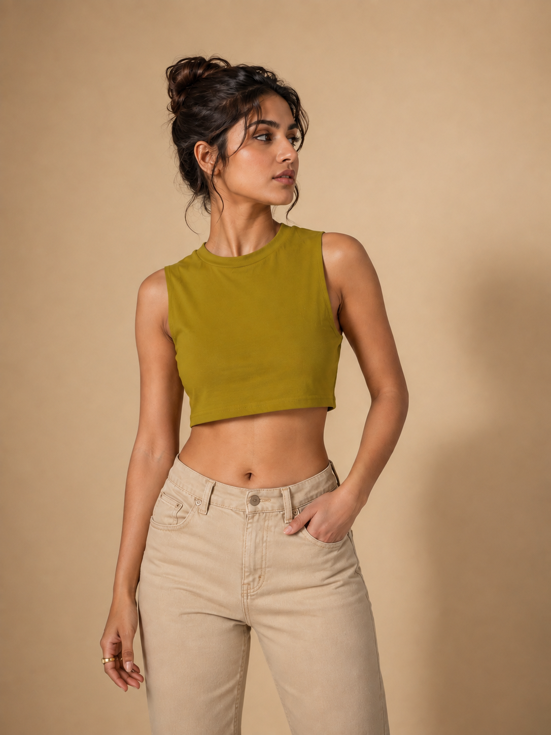 Plain Sleeveless Crop Top For Women — Mustard