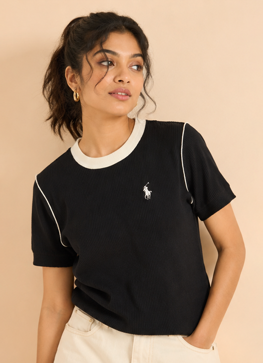 Plain Waffle Top For Women — Black