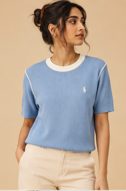Plain Waffle Top For Women — Blue