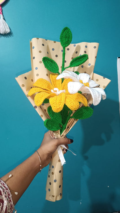 Everlasting Hand-Crocheted Floral Bouquet – Yellow Lily & White Blossom