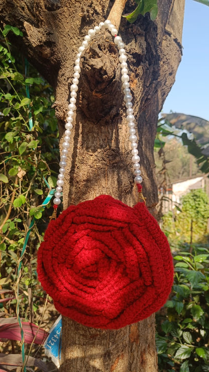 Crimson Rose Shoulder Bag with Elegant Pearl Strap