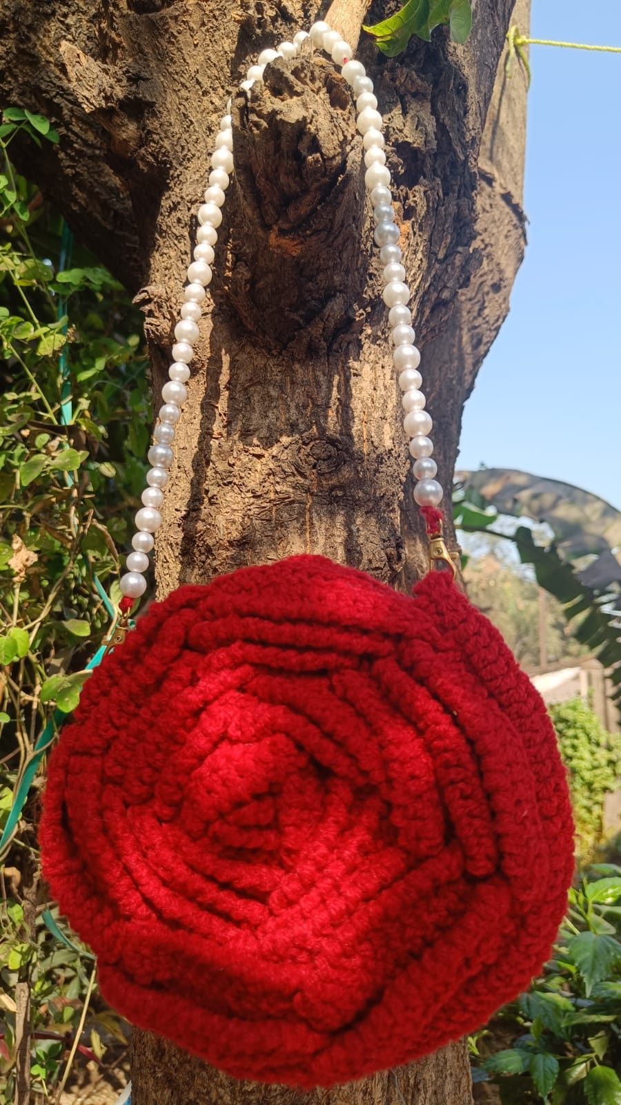 Crimson Rose Shoulder Bag with Elegant Pearl Strap