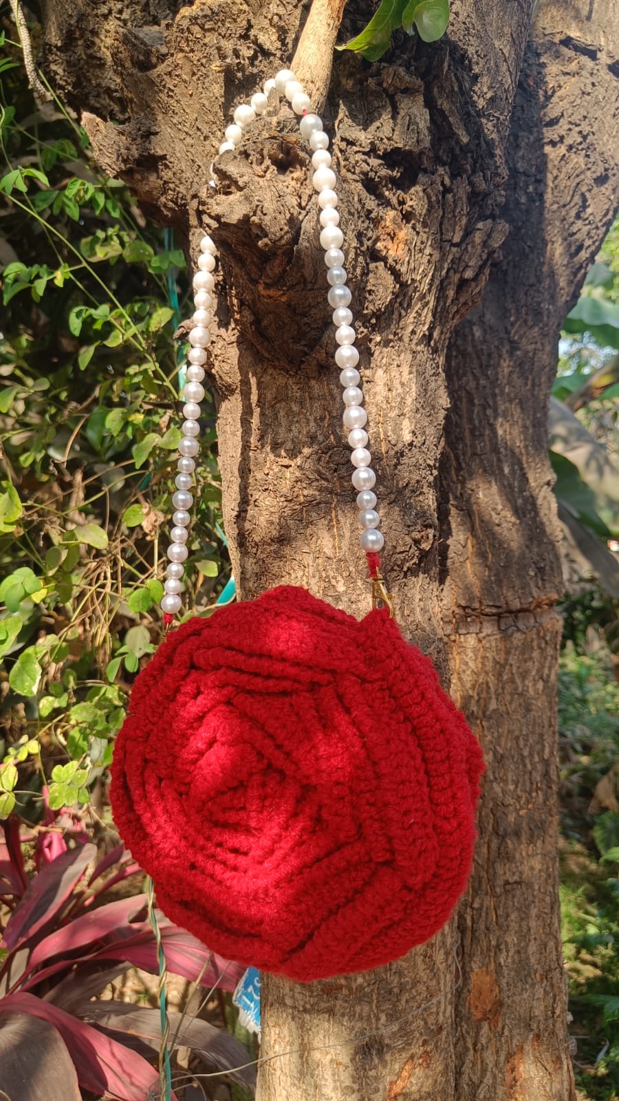 Crimson Rose Shoulder Bag with Elegant Pearl Strap