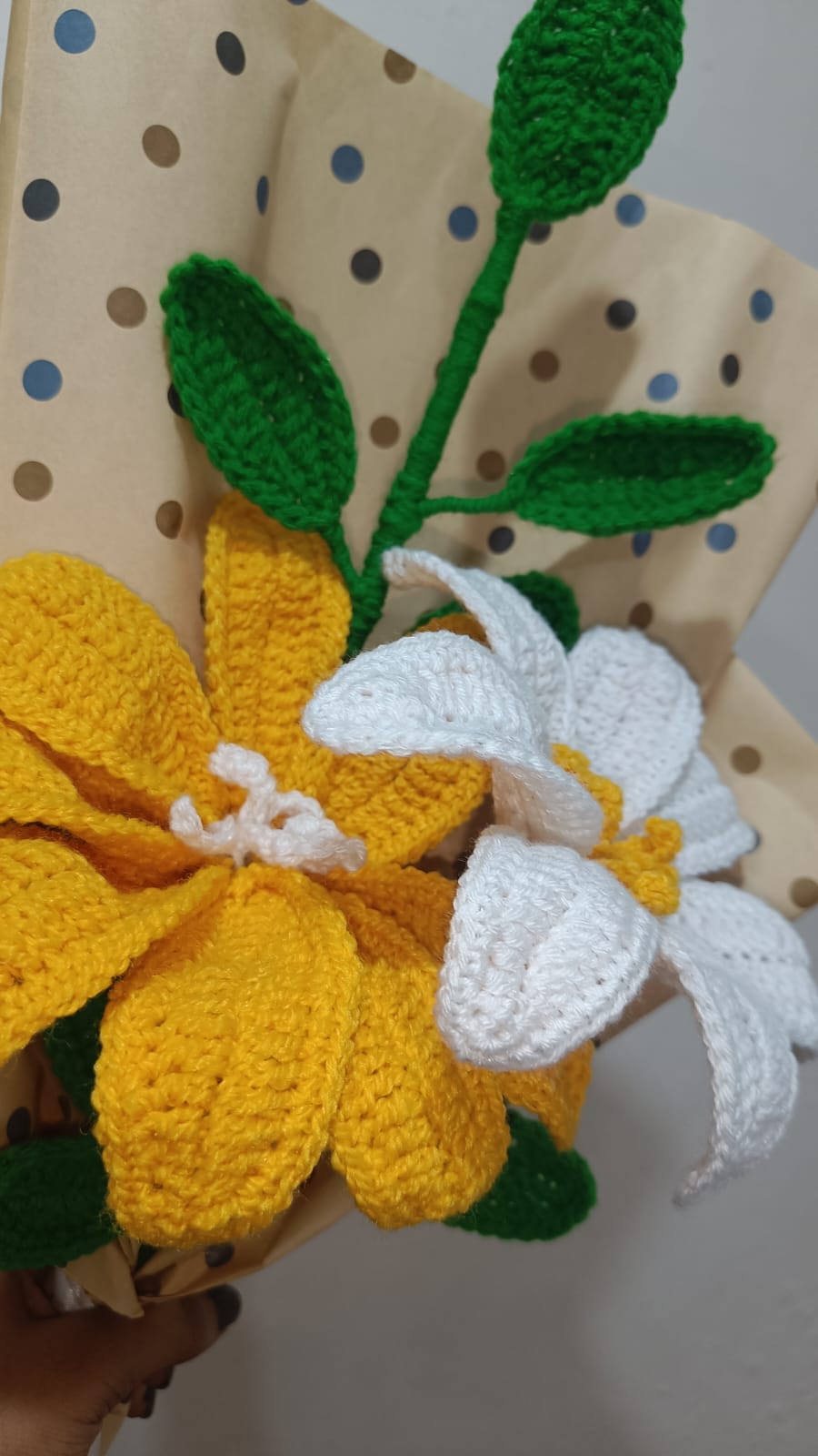 Everlasting Hand-Crocheted Floral Bouquet – Yellow Lily & White Blossom