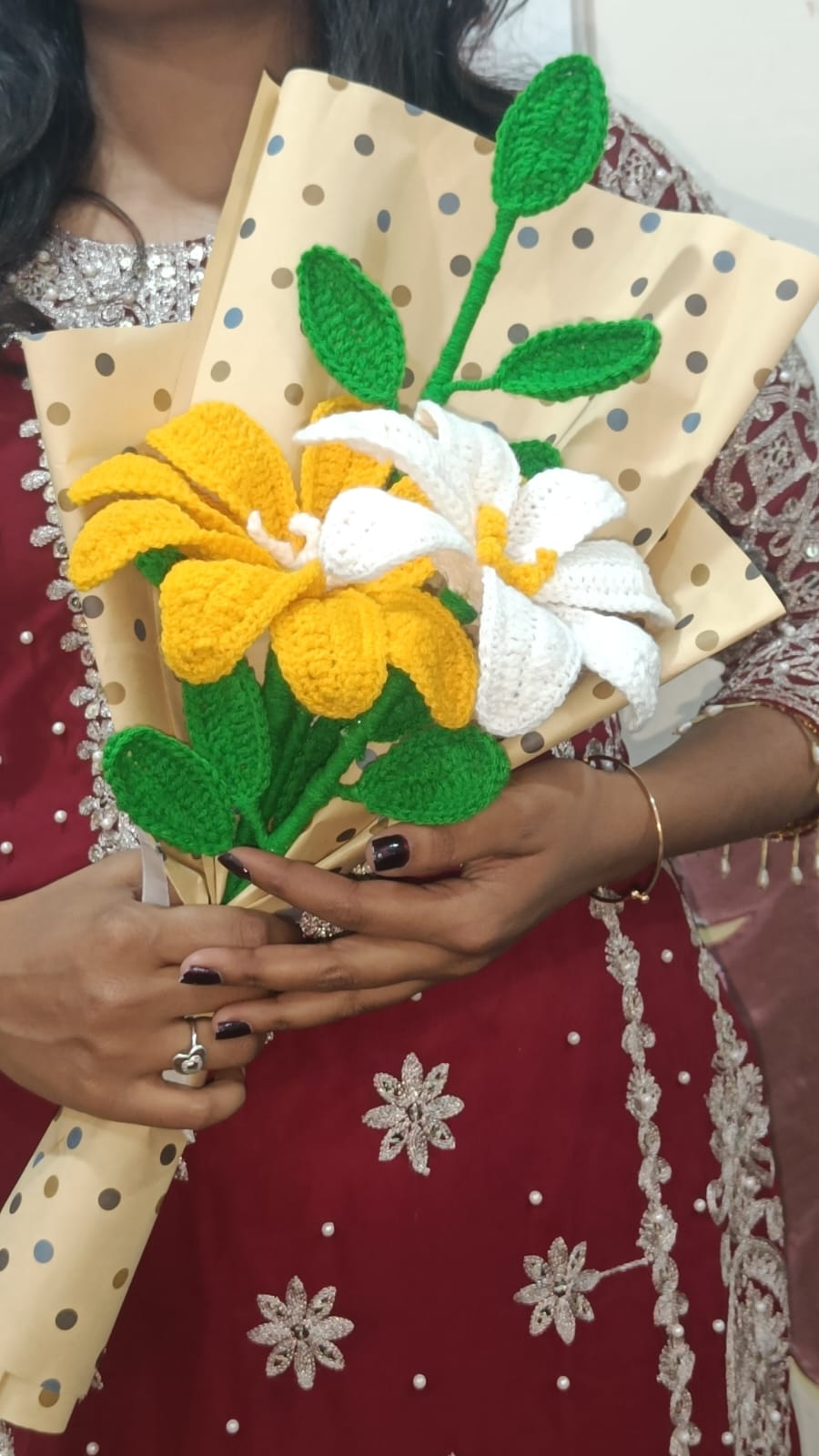 Everlasting Hand-Crocheted Floral Bouquet – Yellow Lily & White Blossom