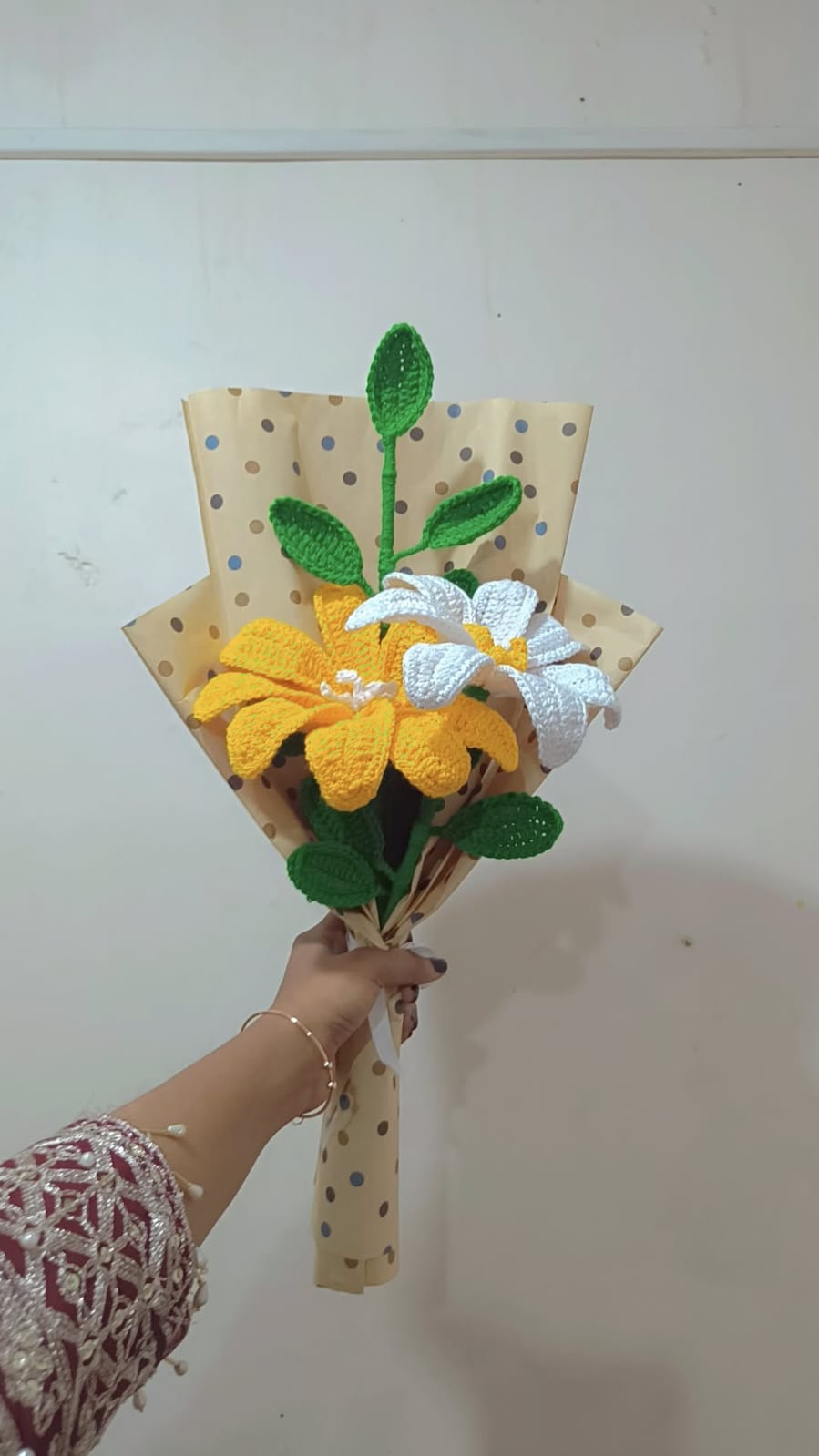 Everlasting Hand-Crocheted Floral Bouquet – Yellow Lily & White Blossom