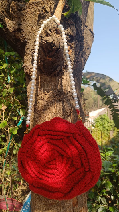 Crimson Rose Shoulder Bag with Elegant Pearl Strap