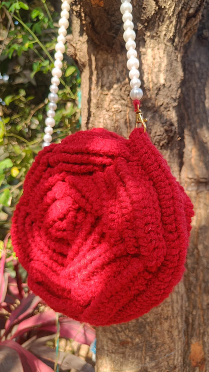 Crimson Rose Shoulder Bag with Elegant Pearl Strap