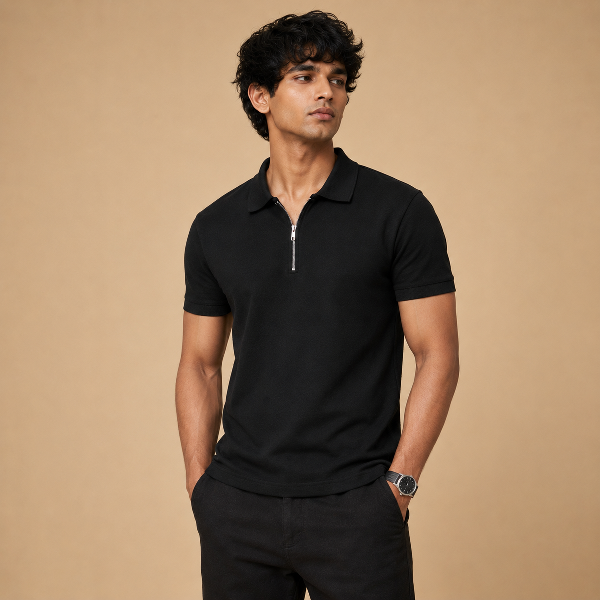 Zip Polo Tee — Black