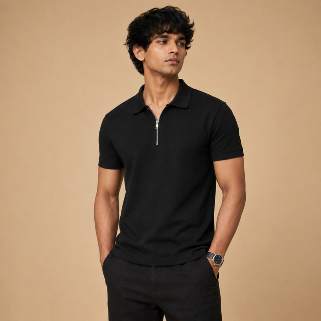 Zip Polo Tee — Black